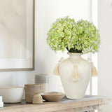 9.4" White Ceramic Rustic Flower Vase with Tassel for Home Decor