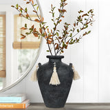 9.4" Black Ceramic Rustic Flower Vase with Tassel for Home Decor