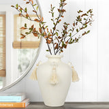9.4" White Ceramic Rustic Flower Vase with Tassel for Home Decor