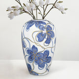 Blue and White Ceramic Vase with Gold Accents for Home Decor