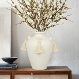 9.4" White Ceramic Rustic Flower Vase with Tassel for Home Decor