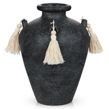9.4" Black Ceramic Rustic Flower Vase with Tassel for Home Decor