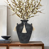 9.4" Black Ceramic Rustic Flower Vase with Tassel for Home Decor