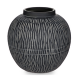 Black Wide Belly Round Ceramic Vase with Linear - 9"