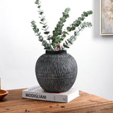 Black Wide Belly Round Ceramic Vase with Linear - 9"
