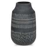 11" Rustic Farmhouse Ceramic Vase with Linear Stripe - Dark