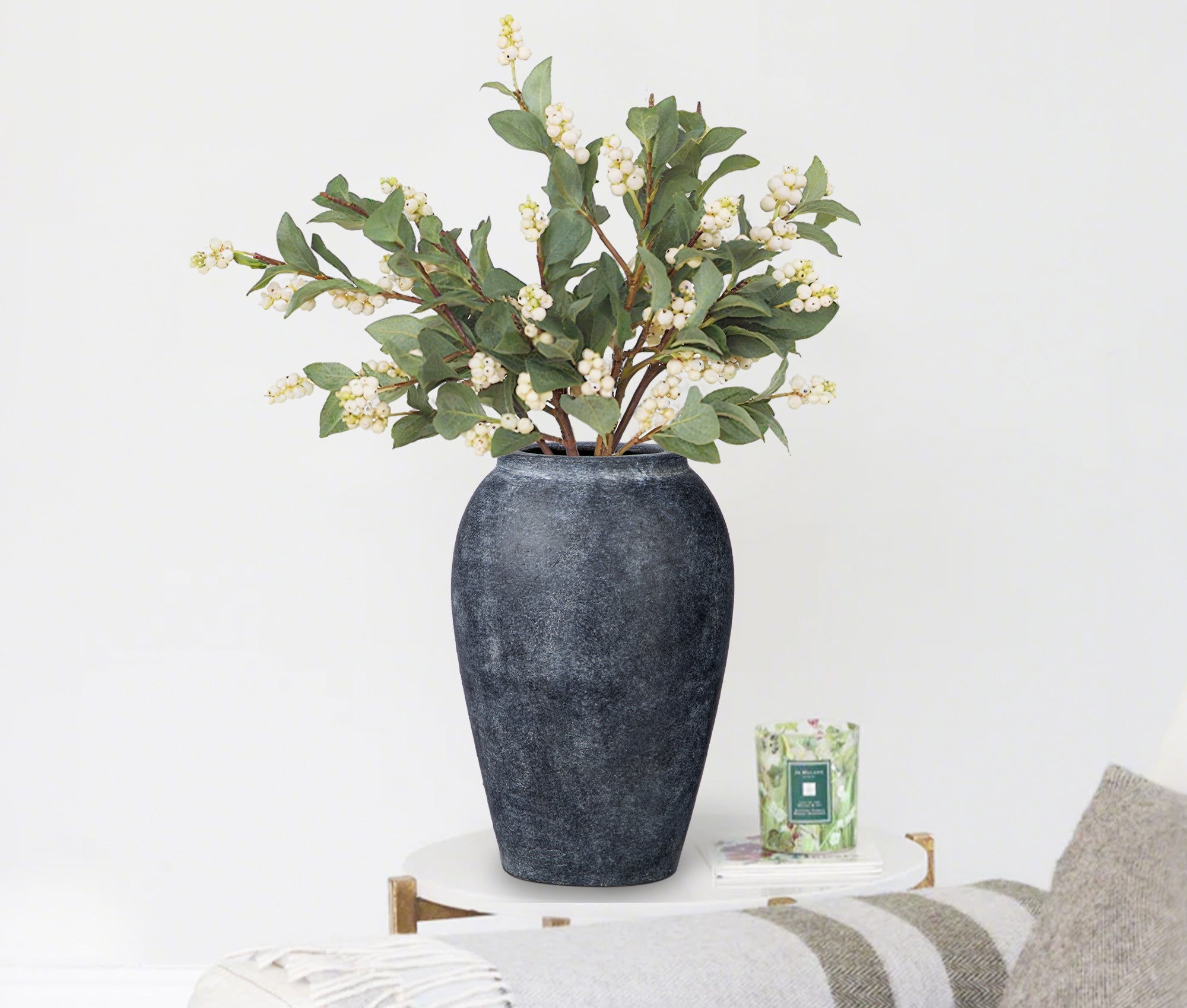 Dark Ceramic Vase with Artificial Blossoms