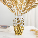 Coral Openwork Ceramic White & Gold Flower Vase - 9"