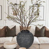 Black Wide Belly Round Ceramic Vase with Linear - 9"