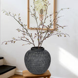 Black Wide Belly Round Ceramic Vase with Linear - 9"