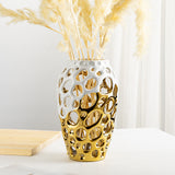 Coral Openwork Ceramic White & Gold Flower Vase - 9"