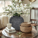 Black Wide Belly Round Ceramic Vase with Linear - 9"