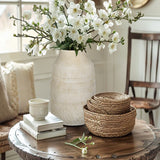 11" Rustic Farmhouse Ceramic Vase with Linear Stripe - White