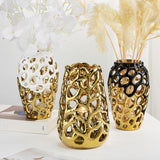 Coral Openwork Ceramic White & Gold Flower Vase - 9"
