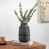 11" Rustic Farmhouse Ceramic Vase with Linear Stripe - Dark