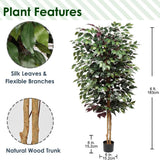 Ficus Tree 6ft in Cotton Pot Fake Silk Plant with Green Red Leaves