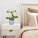 White Artificial Roses Flowers Potted with Blue and White Porcelain Vase