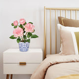 Pink Artificial Roses Flowers Potted with Blue and White Porcelain Vase