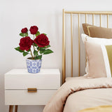 Red Artificial Roses Flowers Potted with Blue and White Porcelain Vase