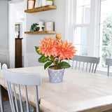 Orange Artificial Silk Dahlia Flower Potted with Blue and White Ceramic Pot