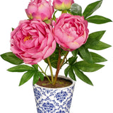 Artificial Peony Silk Flowers Potted with Blue and White Ceramic Pot - Red
