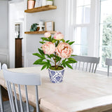 Artificial Peony Silk Flowers Potted with Blue and White Ceramic Pot - Pink