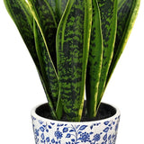 15.7" Artificial Snake Sansevieria Plant Potted in Blue and White Pot