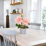 Pink Artificial Silk Dahlia Flower Potted with Blue and White Ceramic Pot