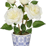 White Artificial Roses Flowers Potted with Blue and White Porcelain Vase