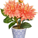 Orange Artificial Silk Dahlia Flower Potted with Blue and White Ceramic Pot