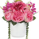 Pink Artificial Dahlia Silk Flower Potted with White Ceramic Vase