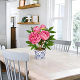 Artificial Peony Silk Flowers Potted with Blue and White Ceramic Pot - Red