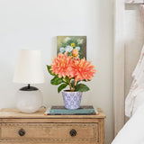 Orange Artificial Silk Dahlia Flower Potted with Blue and White Ceramic Pot
