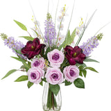Artificial Flowers Floral Arrangement, Mixed Rose, Lilacs, Orchids Potted Vase