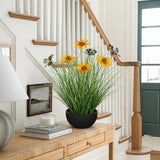 17.3" Fake Potted Plants Artificial Onion Grass Plant with Yellow Daisies Flowers and Butterflies Small Faux Plant Indoor