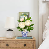 Artificial Peony Silk Flowers Potted with Blue and White Ceramic Pot - White