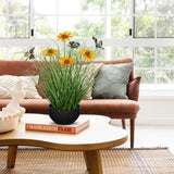 17.3" Fake Potted Plants Artificial Onion Grass Plant with Yellow Daisies Flowers and Butterflies Small Faux Plant Indoor