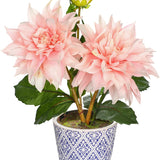 Pink Artificial Silk Dahlia Flower Potted with Blue and White Ceramic Pot