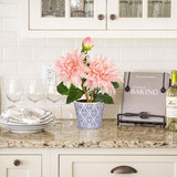 Pink Artificial Silk Dahlia Flower Potted with Blue and White Ceramic Pot