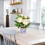 Artificial Peony Silk Flowers Potted with Blue and White Ceramic Pot - White