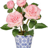 Pink Artificial Roses Flowers Potted with Blue and White Porcelain Vase