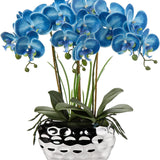 Faux Phalaenopsis Orchids Artificial Flowers with Silver Ceramic Pots - Blue