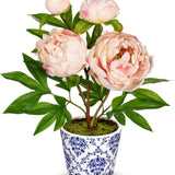 Artificial Peony Silk Flowers Potted with Blue and White Ceramic Pot - Pink