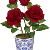 Red Artificial Roses Flowers Potted with Blue and White Porcelain Vase