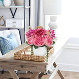 Pink Artificial Dahlia Silk Flower Potted with White Ceramic Vase