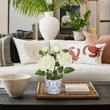 White Artificial Roses Flowers Potted with Blue and White Porcelain Vase