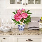 Artificial Peony Silk Flowers Potted with Blue and White Ceramic Pot - Red