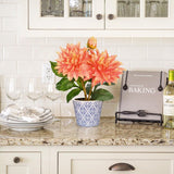 Orange Artificial Silk Dahlia Flower Potted with Blue and White Ceramic Pot