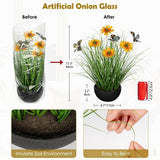 17.3" Fake Potted Plants Artificial Onion Grass Plant with Yellow Daisies Flowers and Butterflies Small Faux Plant Indoor