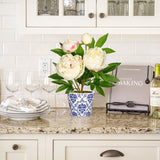 Artificial Peony Silk Flowers Potted with Blue and White Ceramic Pot - White